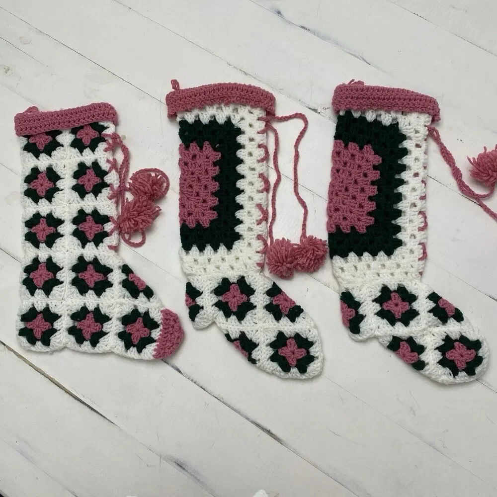 Vtg Handmade Lot of 3 Crochet Granny Square Christmas Stockings Green Pink White